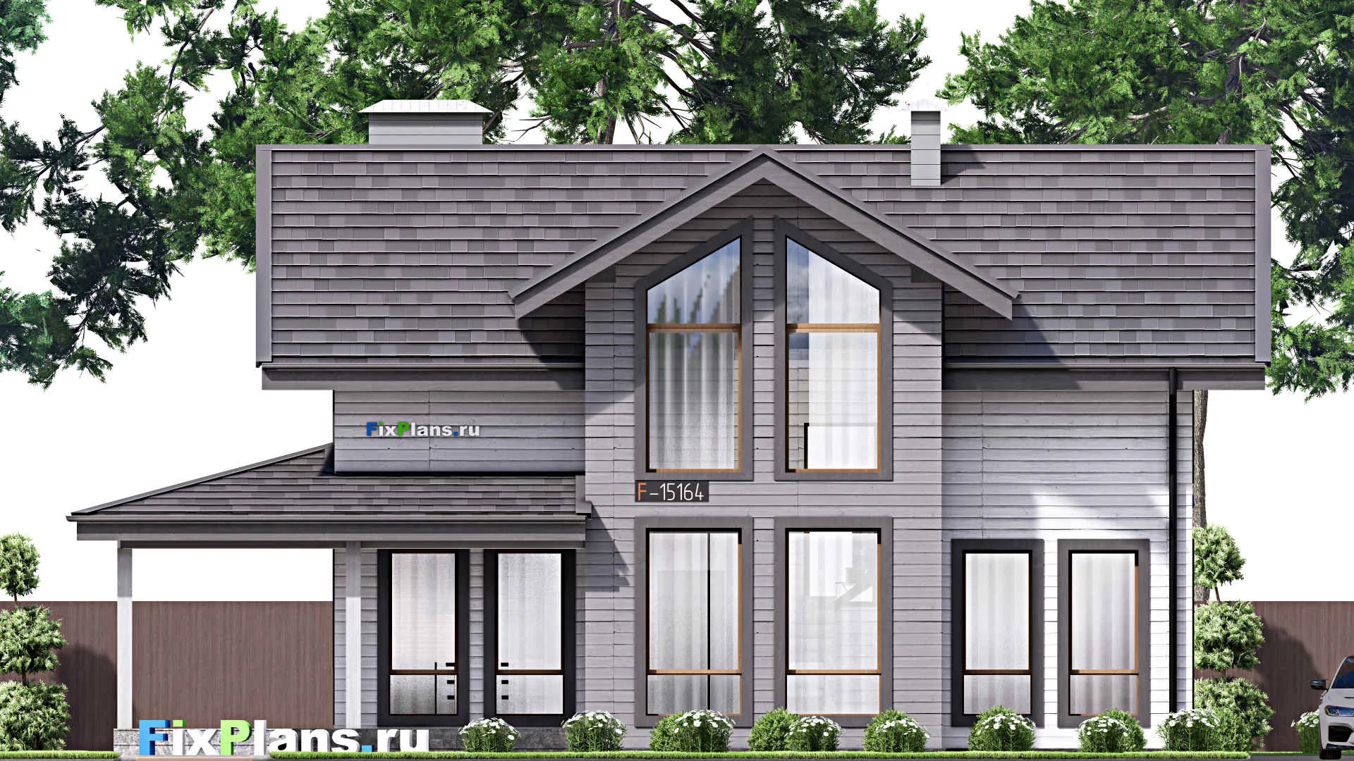 F-15164 - Проект дома с мансардой 12 на 15, площадью 170 м² с террасой, баней и 4 спальнями