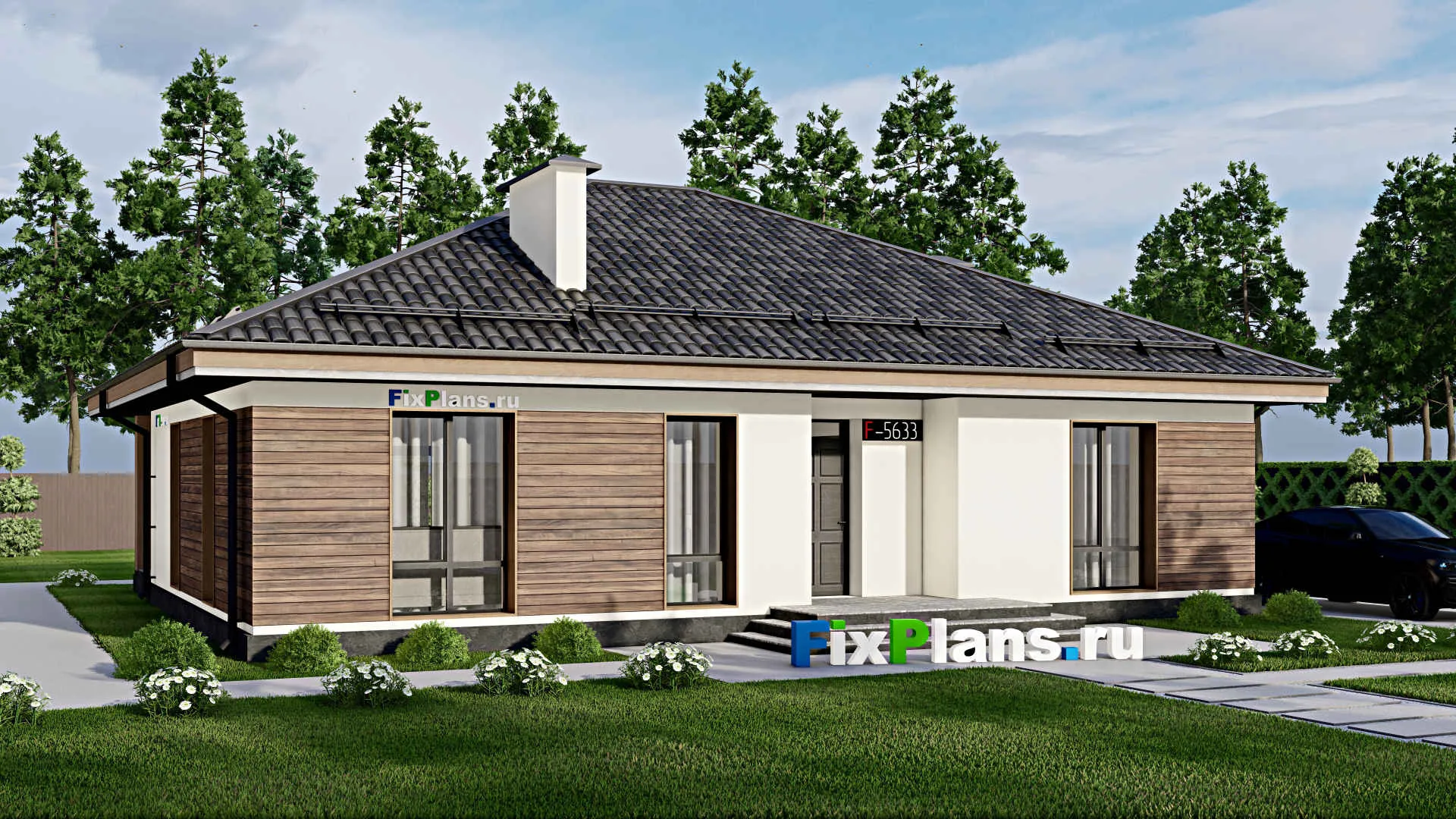 F-5633 - Проект одноэтажного дома 13 на 15, площадью 140 м² с террасой и 3 спальнями