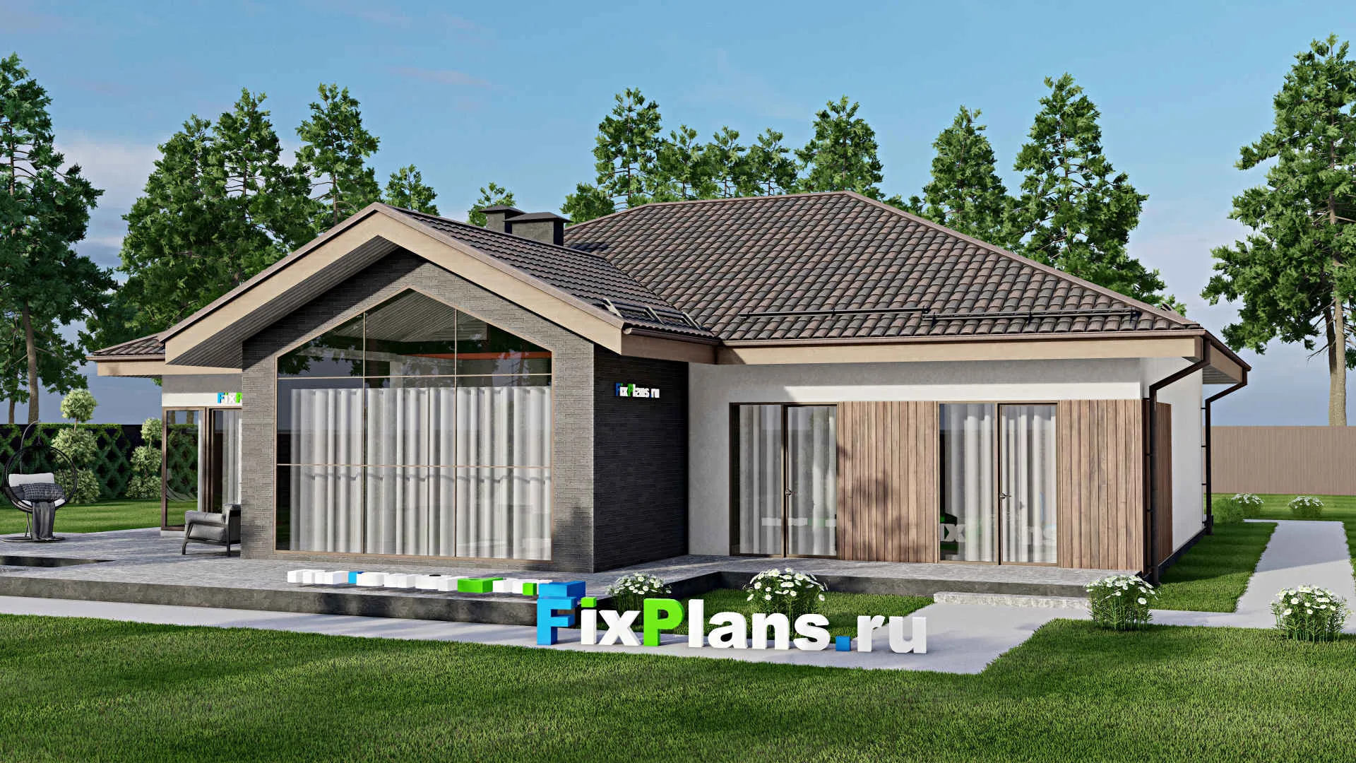 F-6434 - Проект одноэтажного дома 18 на 21, площадью 330 м² с террасой, гаражом на 2 машины и 4 спальнями