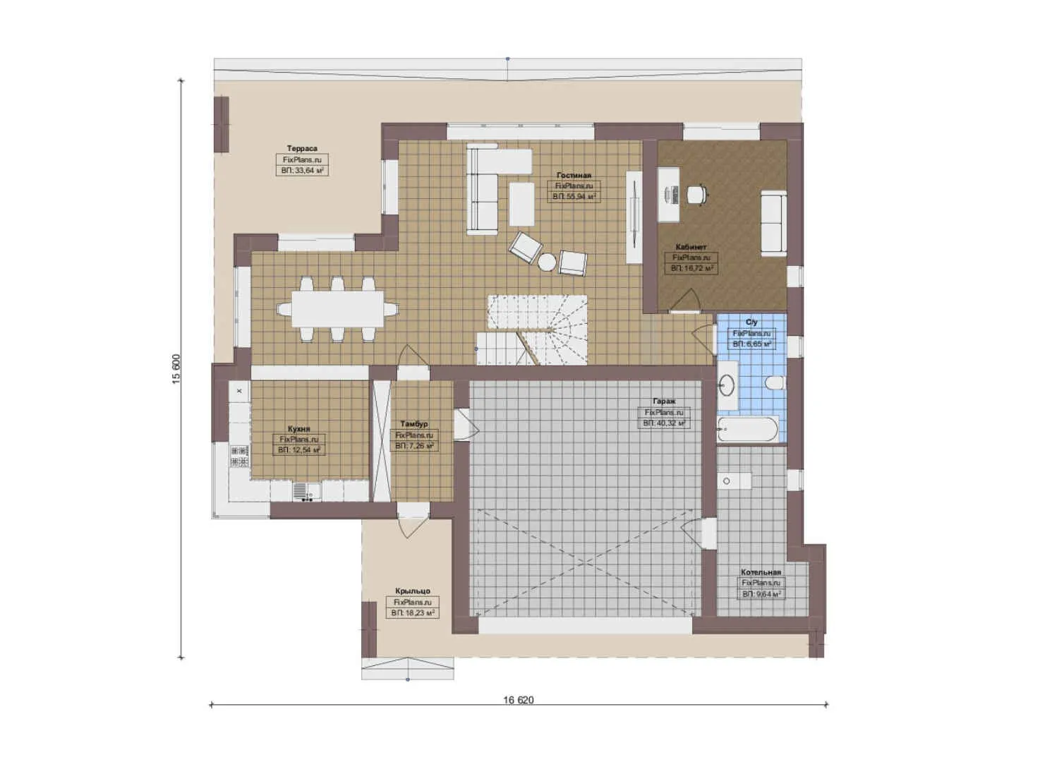 F-15866 - Планы двухэтажного дома 16 на 17, площадью 410 м² с террасой, балконом, гаражом на 2 машины и 4 спальнями